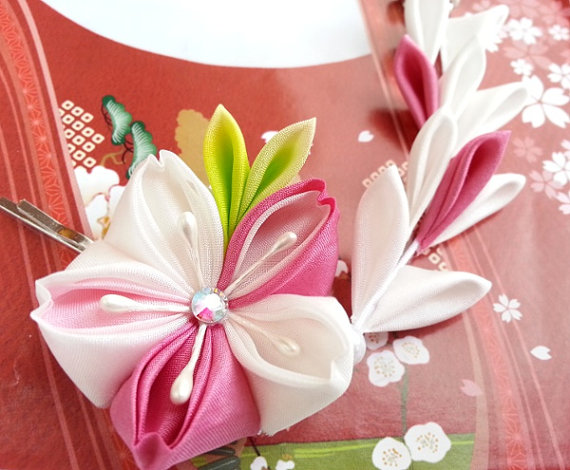 زفاف - Fuchsia Pink Cherry Blossom -- Silk Kanzashi Flower Hair Clip