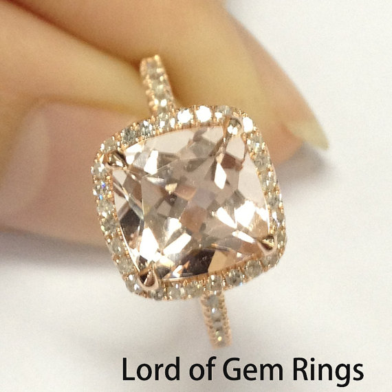 زفاف - Morganite with Diamonds Engagement Ring in 14K Rose Gold,Claw Prongs 8mm Cushion Cut Morganite,Halo with .32ct Diamonds,Yellow/White Gold