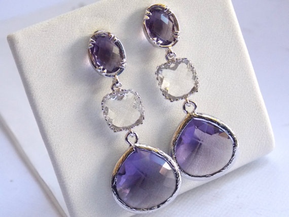 Mariage - Purple Earrings, Lavender, Amethyst, Glass, Clear, Silver, Bridesmaid Jewelry, Bridesmaid Earrings, Bridal Jewelry, Bridesmaid Gifts