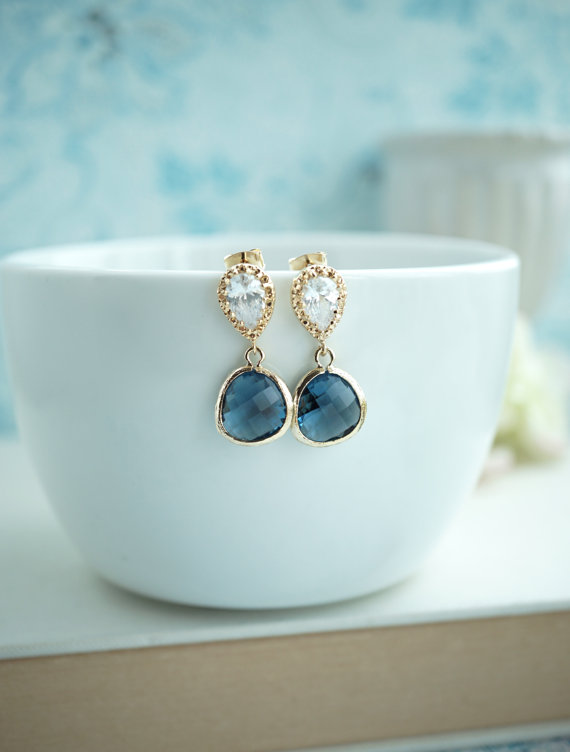 Wedding - Blue Sapphire, Montana Blue Glass Pear Gold Earrings. Wedding Jewelry, Bridal Earrings. Something Blue. Bridesmaid Gift.  Blue Gold Wedding.