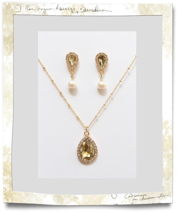 زفاف - Gold Crystal Pearl Jewelry Set - Wedding Bridal Jewelry - Necklace Earrings