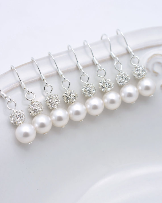 Wedding - 7 Pairs Bridesmaid Earrings, Pearl and Rhinestone Earrings, Bridesmaid Pearl Earrings, Pearl and Crystal Earrings, Bridesmaid Gifts 0061
