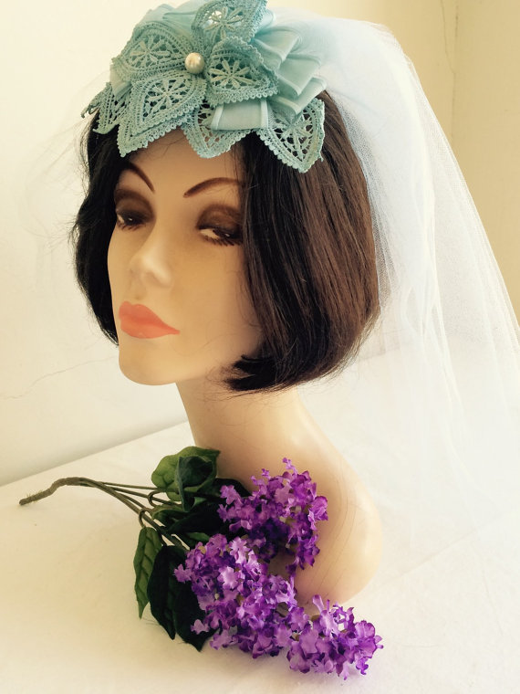 Wedding - 1960s Fascinator Light Blue Veil Wedding Bridal Accessory