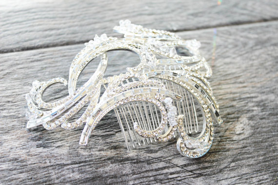 Wedding - Bridal Hair Comb, Swarovski Crystal Art Deco Swirl Headpiece, Art Deco Baguette Hair Comb, Large Art Deco Bridal Fascinator-  CHARLOTTE