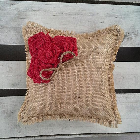Mariage - 8" x 8" Natural Burlap Ring Bearer Pillow w/ Red Burlap Rosettes/Jute Twine Detail- Rustic/Country/Shabby Chic/Folk/Wedding