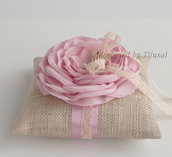 Mariage - Burlap ring pillow with  pink Rose ---wedding rings pillow , wedding pillow, ring bearer, ready to shipp