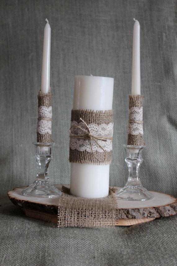 Wedding - Burlap and Tea Dyed Lace Complete Unity Candle Set