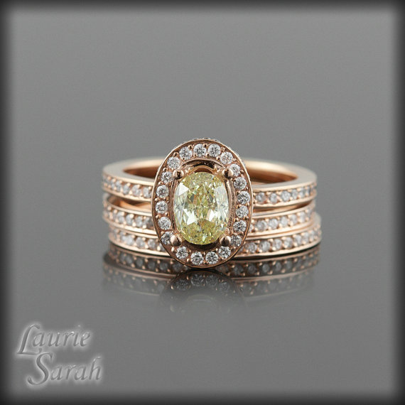 Свадьба - Oval Fancy Yellow Diamond Engagement Ring Set in 14kt Rose Gold with Two Diamond Eternity Wedding Bands - LS2597