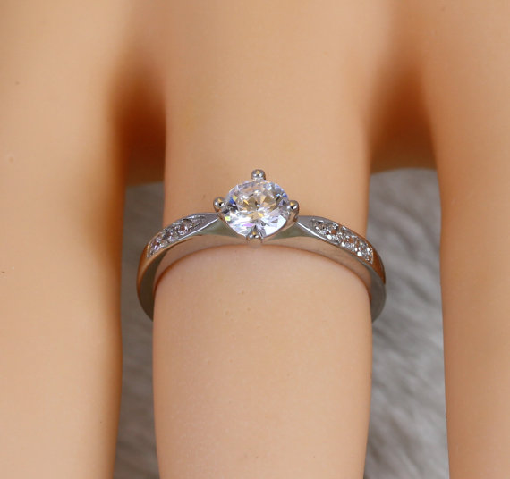 Свадьба - Solid Sterling Silver Solitaire engagement ring with lab diamonds - handmade ring