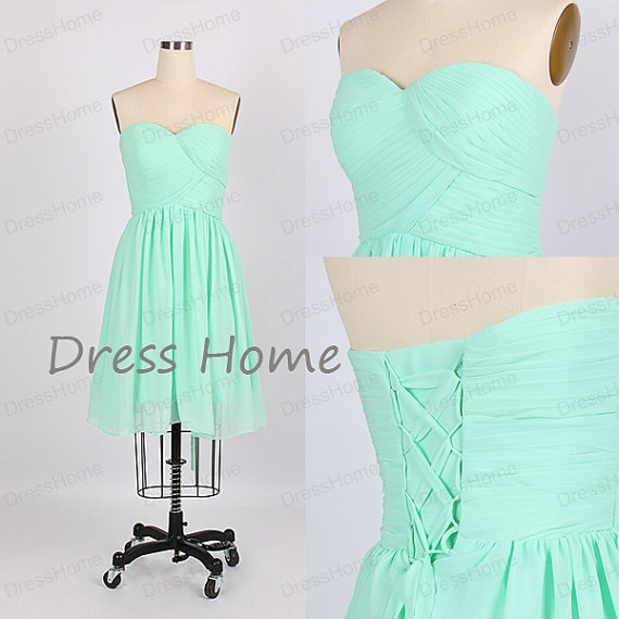Mariage - Mint Green Sweetheart Short Chiffon Bridesmaid Dress/Knee Length Corset Wedding Party Dress/Lace Up Graduation Dress DH189