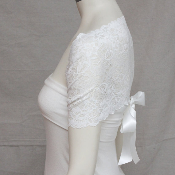 Mariage - White Lace Shrug Ivory Wedding Shrug Wrap Bridal Sash Bride Bridesmaid Gift