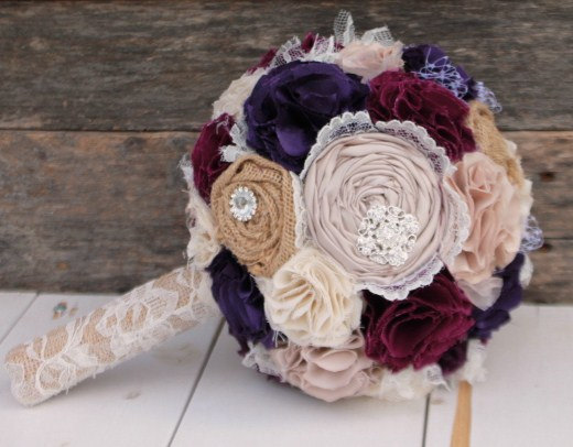 Hochzeit - Romantic rustic plum, champagne, ivory and burlap bridal wedding bouquet. Shabby chic fabric flowers.