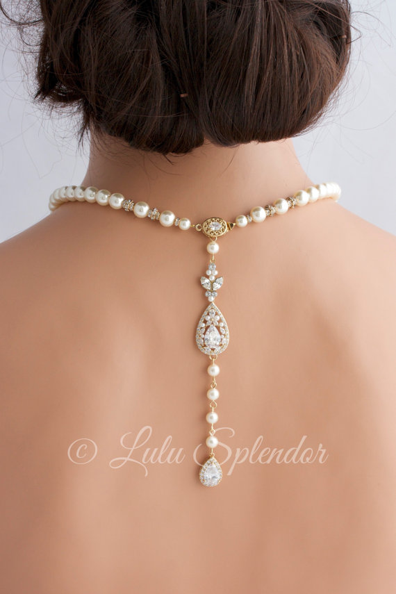 زفاف - Gold Backdrop Necklace Wedding Jewelry Pearl Back Drop Bridal Necklace Pearl Wedding Necklace Crystal Wedding Jewelry VIVIENNE
