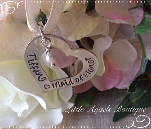 Mariage - Bridesmaid Maid of Honor Honour Bouquet Charm Personalized Heart Shaped Wedding Bride Groom Hand Stamped Charm