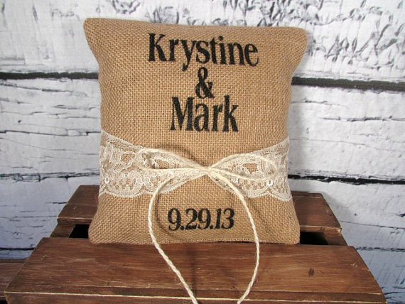 Wedding - Ring pillow - Burlap & lace rustic wedding ring bearer pillow personalized with names and date - Lots of lace color choices!