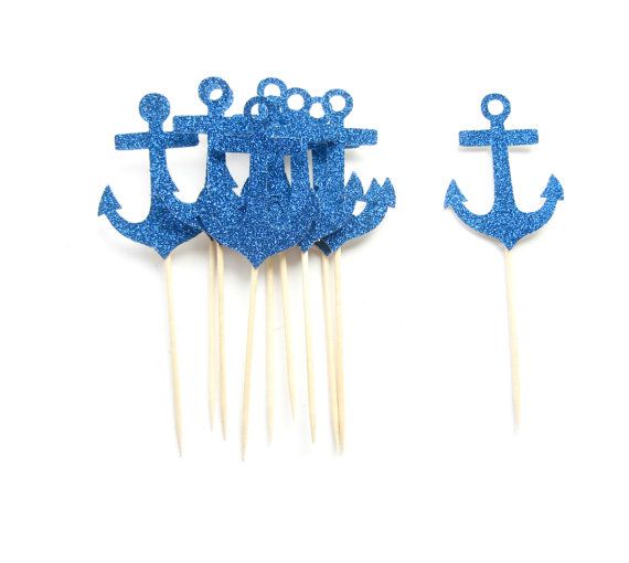 Mariage - 10 Navy Glitter Anchor Cupcake Toppers - Nautical Cupcake Topper, Nautical Bachelorette Party, Nautical Wedding Decor, Anchor Cupcake Topper