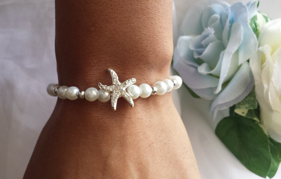Mariage - Bridal Pearl & Silver Rhinestone Starfish Bracelet Wedding Starfish Jewelry