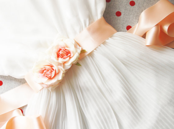 Mariage - Bridal Flowers Sash Belt - Peach Pink Flowers Wedding Dress Sashes Belts - Rustic Chic Floral Sash