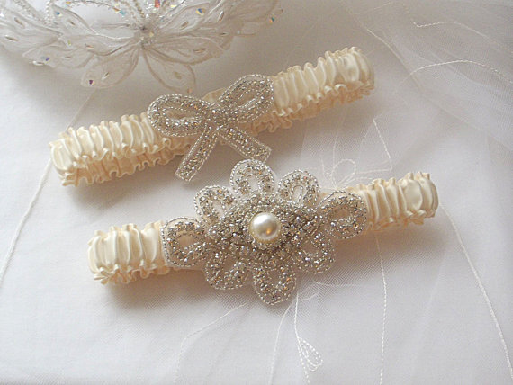 Hochzeit - Wedding Garter Set - Ivory with stunning rhinestone appliques