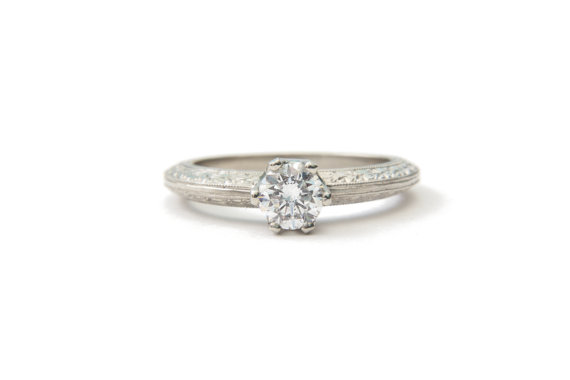 Wedding - White gold diamond engagement ring, eco friendly 0.5 carat diamond, vintage inspired unique handmade ring