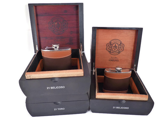 Свадьба - SALE-SPRINGSALE25 for 25 PERCENT off - Cigar Box Groomsmen Gift of 3 Custom Redwood Lined Valets Leather Wrapped Flasks Burlap Wrap