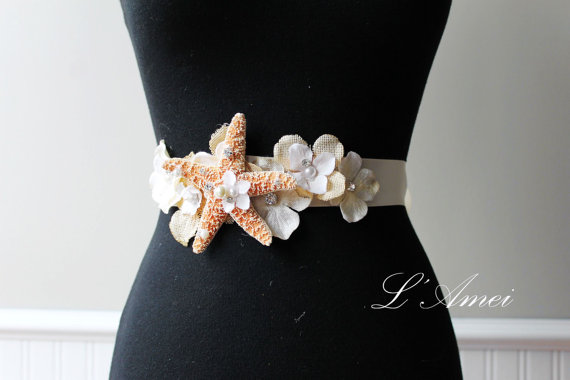 زفاف - Starfish  Bridal Sash for Beach Wedding,Fabric Flowers with Cream Starfish ,Rhinestone  and pearls wedding Sash Belt
