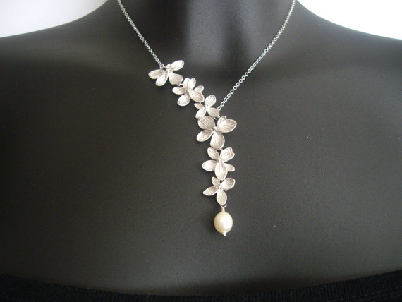 زفاف - Flower necklace Orchids necklace Asymmetrical necklace bridal bridesmaid necklace wedding jewelry gift lariat necklace