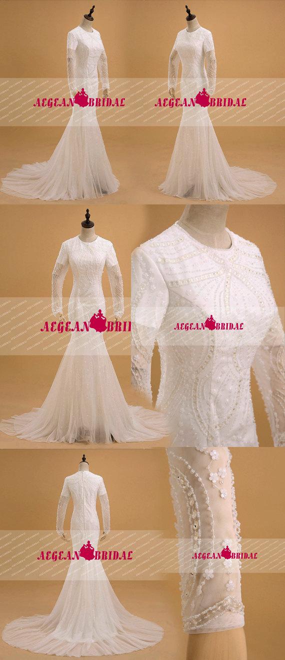 زفاف - RW580 Sparkling Wedding Dress with Beading Mermaid Bridal Dress with Zipper Back Long Sleeve Bridal Church Gown Muslim Wedding Gown