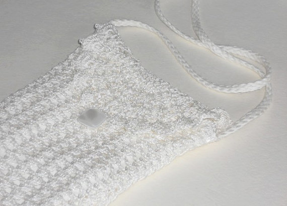 زفاف - Wedding clutch white crochet lace purse long strap bridal shoulder bag