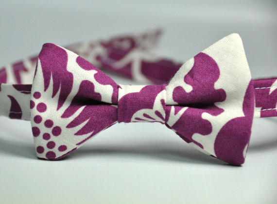 Wedding - Eggplant Purple Boy's Bow Tie - Block Floral Bowtie