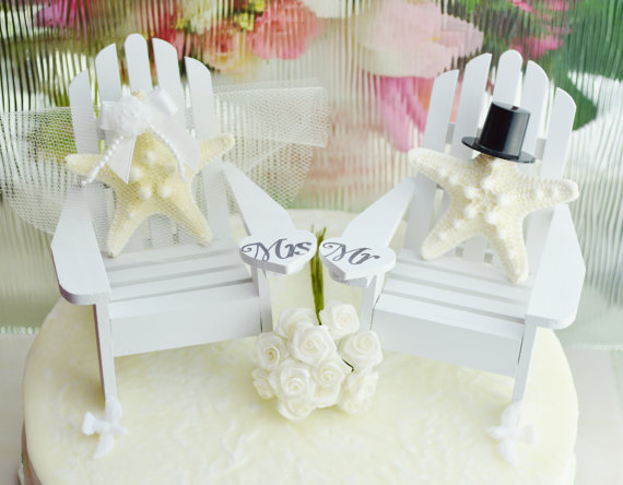 Hochzeit - Wedding Cake Topper ~ Miniature Adirondack Chairs  ~ Knobby Starfish Bride/Groom ~ Beach Wedding Decor ~ Cake Topper