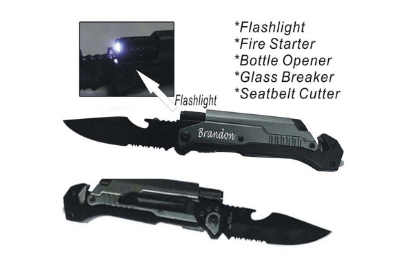 Mariage - 2 PERSONALIZED Knives -Groomsmen Gift with Survival Emergency Great 5-in-1 functions, Led light , bottle opener, Fire Starter.