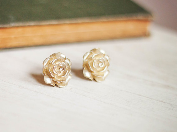 Hochzeit - Gold Rose Earrings, Rose Post Earrings, Rose Stud Earrings, Surgical Steel Posts, Bridal Floral Accessories, Shimmer Golden Flower Jewelry