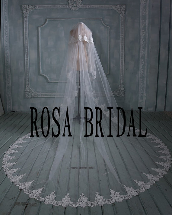 زفاف - 2 tiers bridal veil lace, Long wedding veil, Lace edge long wedding veil, Wedding bridal veil, cathedral bridal veil with comb White / Ivory