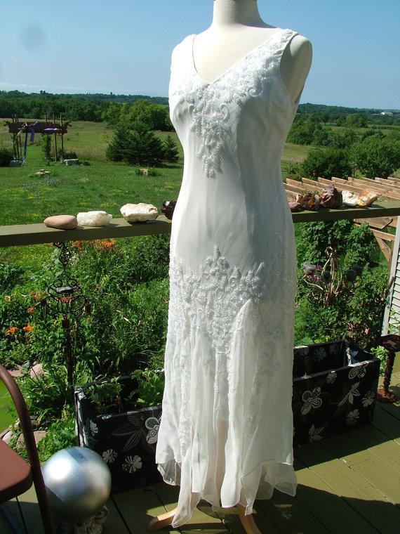 Hochzeit - Wedding dress 1920s vintage inspired white with crystal beadwork sequins flutter skirt flapper gown retro