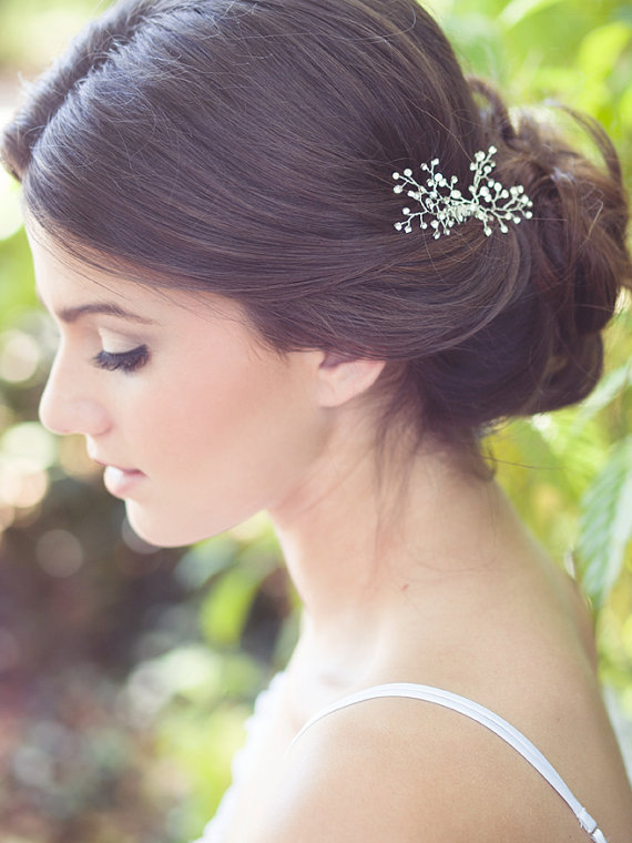 Wedding - Crystal hair brooch, babys breath comb, bridal jeweled headpiece, wedding hair accessories, bride hair jewelry - Mary