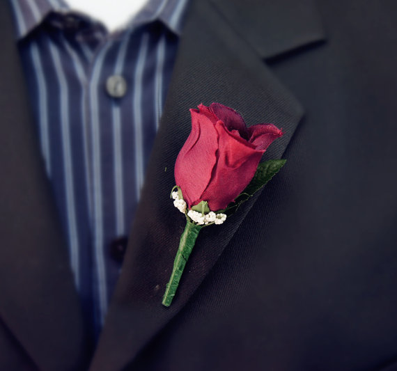 Wedding - Boutonniere-Burgundy with foam baby breath.Pin included