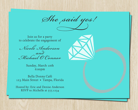 Mariage - Diamond Ring Engagement Party Invitations, Blue, Gray, Wedding, Set of 10 Printed Cards with Envelopes, FREE Ship, SSYET, She Said Yes