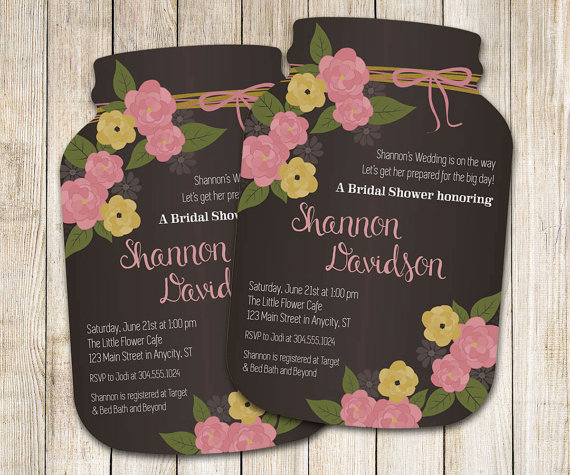 Wedding - Mason Jar Floral Bridal Shower Invitations -- 20 die cut printed cards in any color