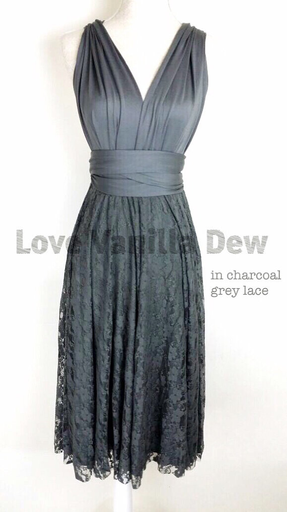Свадьба - Bridesmaid Dress Infinity Dress Charcoal Grey Lace Knee Length Wrap Convertible Dress Wedding Dress