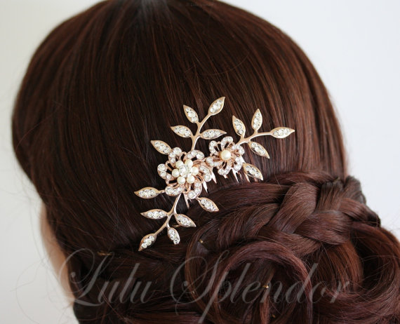 زفاف - Bridal Comb Rose Gold Flowers and Leaves Swarovski Crystal Vintage Wedding Hair Accessory DAINTY SABINE