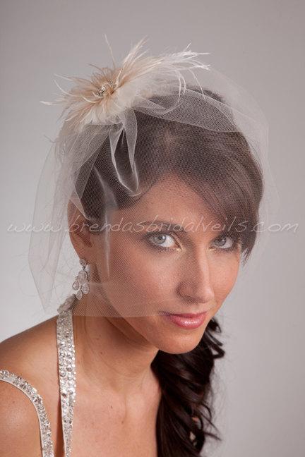 زفاف - Bridal Veil Set, Tulle 11" Bridal Birdcage Veil with Feather Hair Piece, Wedding Veil and Birdcage Feather Flower
