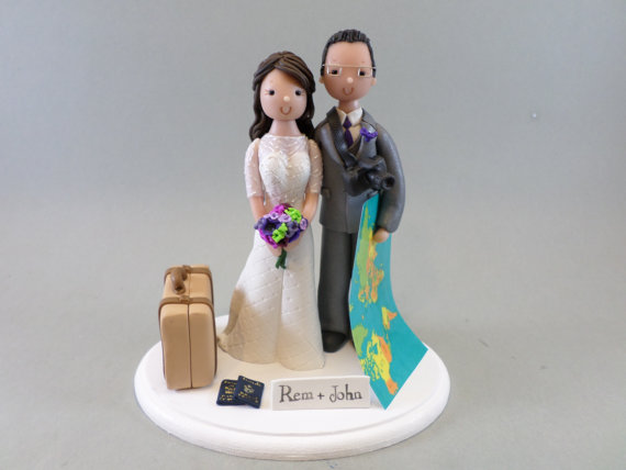 Wedding - Bride & Groom Custom Travel Theme Wedding Cake Topper