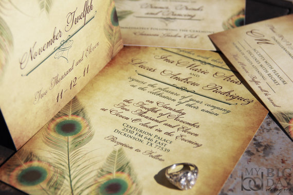 Hochzeit - Vintage Peacock Wedding Invitation Set, Fancy Feathers Wedding Invitations. Peacock feather wedding invitations