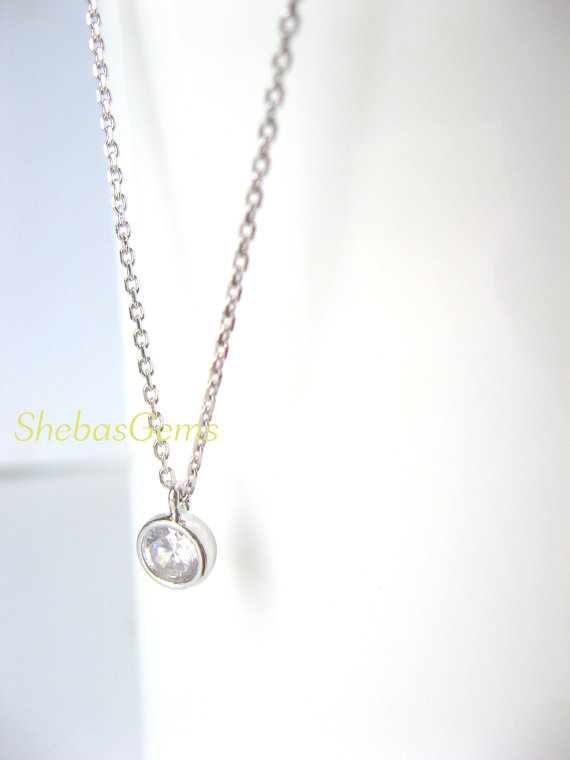 Hochzeit - Dainty Silver Necklace, Cz Diamond Solitaire Necklace, Silver Delicate Dainty Tiny Diamond Necklace, Diamond Bezel Bridesmaids Necklace