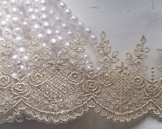 Wedding - 4" Gold Vintage Lace Trim, Embroidered Gauze Lace, Lovely Floral Embroidery Tulle Fabric for wedding bridal dress, lingerie, clothing