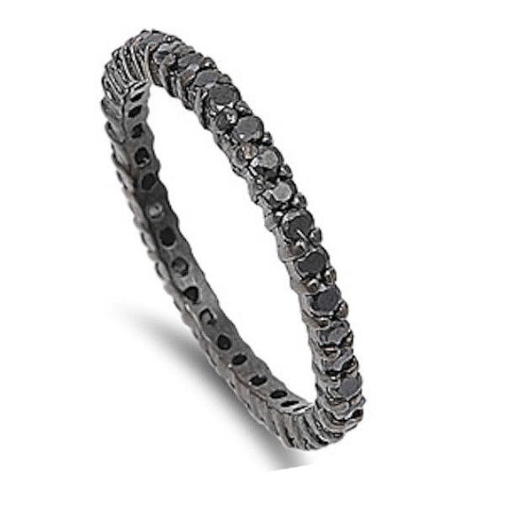Hochzeit - 2MM Stackable Full Eternity Band Black Gold Sterling Silver Black Diamonds CZ Channel Setting Wedding Engagement Anniversary Ring Size 4-10