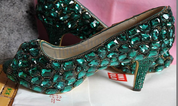 Wedding - Wedding Shoes emerald green swarovski Crystal rhinestone Green bridal heels Sparkly Wedding Heels, Luxury Peep Toe Heels custom color shoes