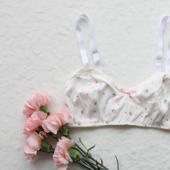 Wedding - Lingerie Sample SALE White and Pink Strawberry Print Cotton Bralette Size Small