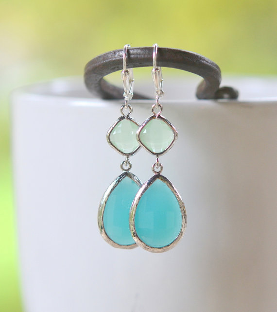 Mariage - Large Turquoise Teardrop and Mint Diamond Dangle Bridesmaid Earrings in Silver.  Glass Drop Earrings. Turquoise Dangle Earrings.